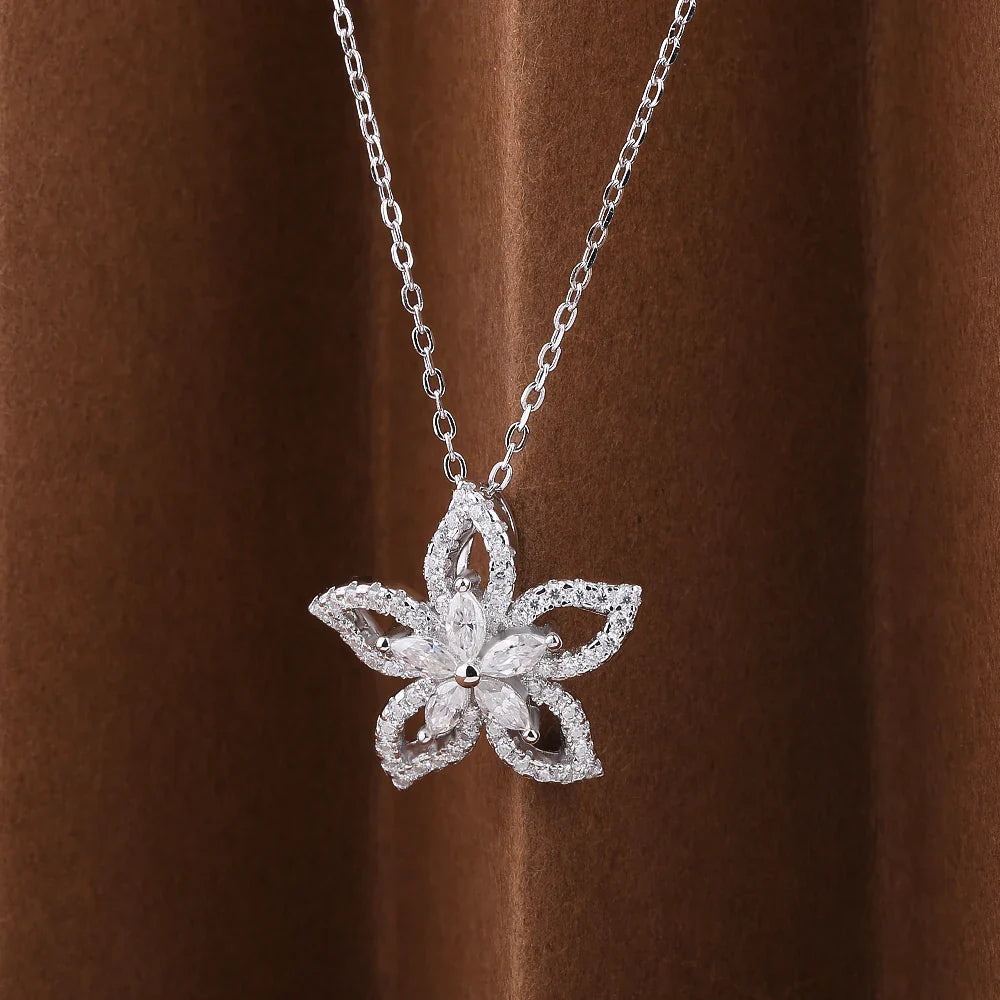 Flower Shape Certified Full Moissanite Pendant Necklace for Women 0.83cctw Round/Marquise Cut Lab Diamond Neckchain Fine Jewelry