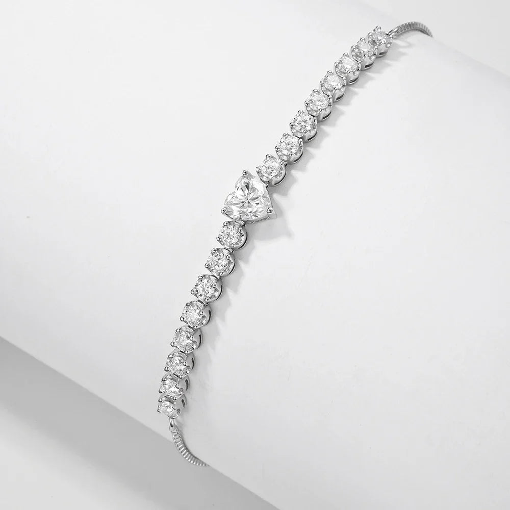 2.5mm Full Moissanite Tennis Riviera Bracelet With 6mm Heart Cut Diamond Adjustable Wrist Chain S925 Silver for Women Jewelry