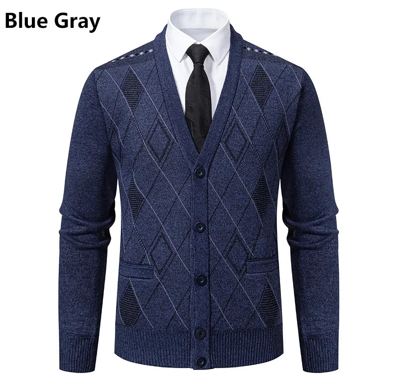 Men Plaid Cardigan V-neck Fleece Sweater Men's  Autumn Clothing Classic Cardigans Jacket Button Mens Knitting Outwear