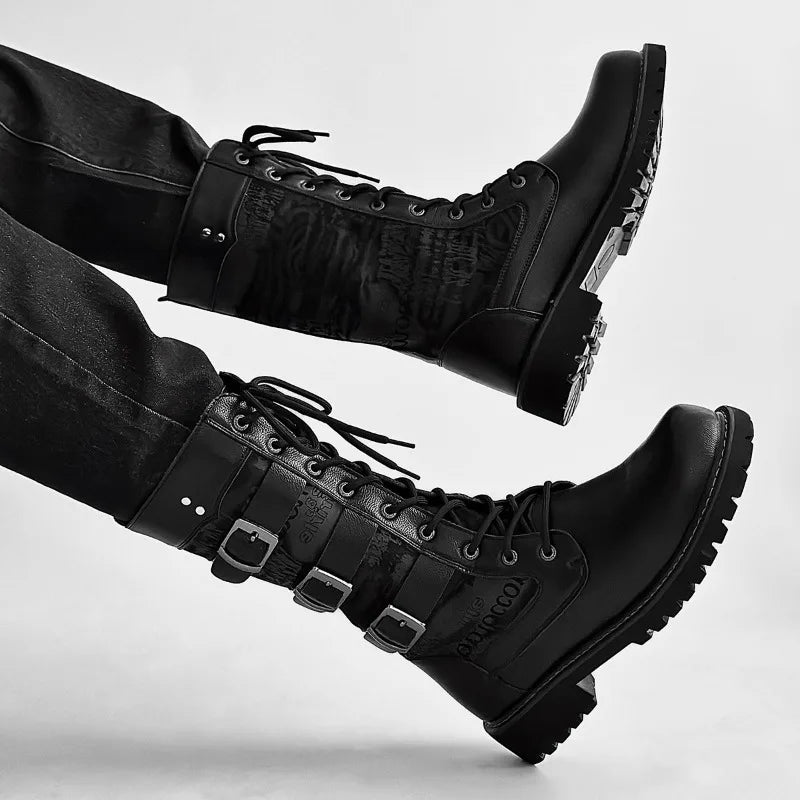 Men's High-top Boots Fashion Street Rock Punk Boots Motorcycle Boots for Men Lace-up Platform Boot Mid-Calf Casual Leather Botas