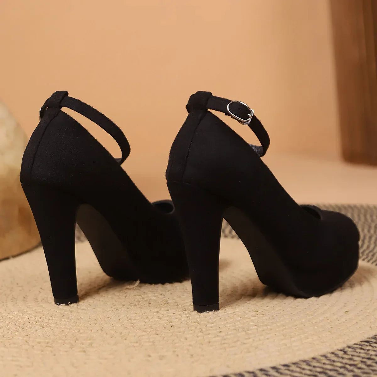 Large Size 42 Sexy Super High Heels Shoes for Women Ankle Buckle Chunky Platform Pumps Woman Black Flock Square Heel Party Shoes
