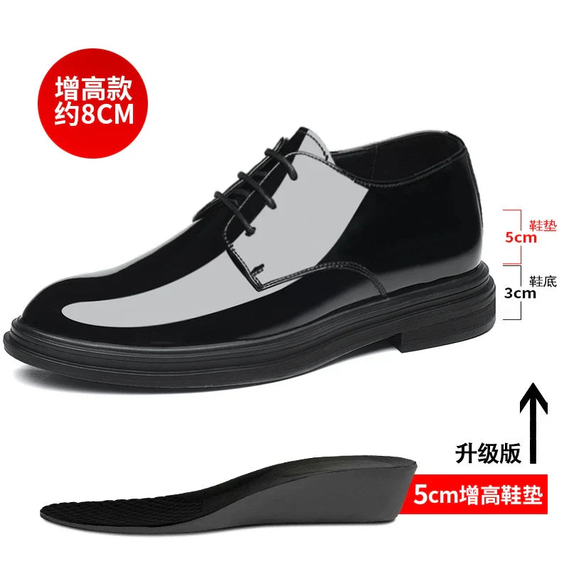 Mens Black Patent Leather Lace Up Dress Shoes With Thick Sole Platform Block Heel Formal Business Wedding Party Office Work Shoe
