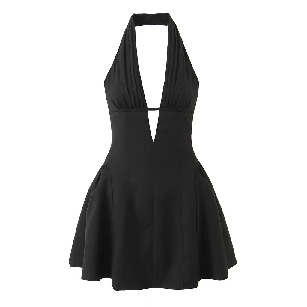 French Style Retro Polka Dot Deep V Halter Dress Women Sexy Backless A-line Slim Sweet Elegant Mini Dresses Summer Robe