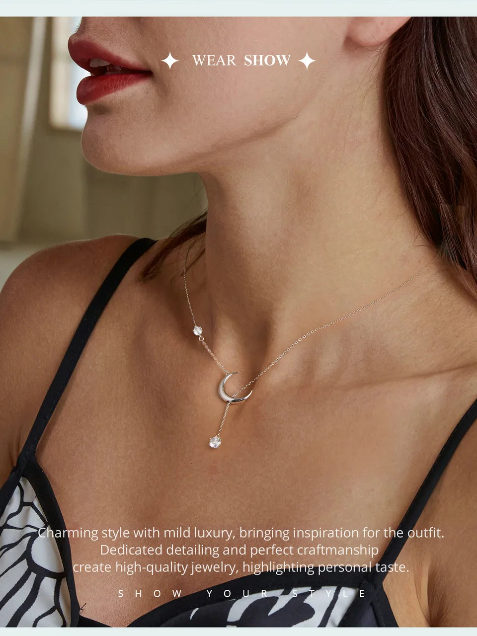 925 Sterling Silver Y-Shape Moon Pendant Necklace Water-drop Zircon Neck Chain for Women Anniversary Gift Fine Jewelry