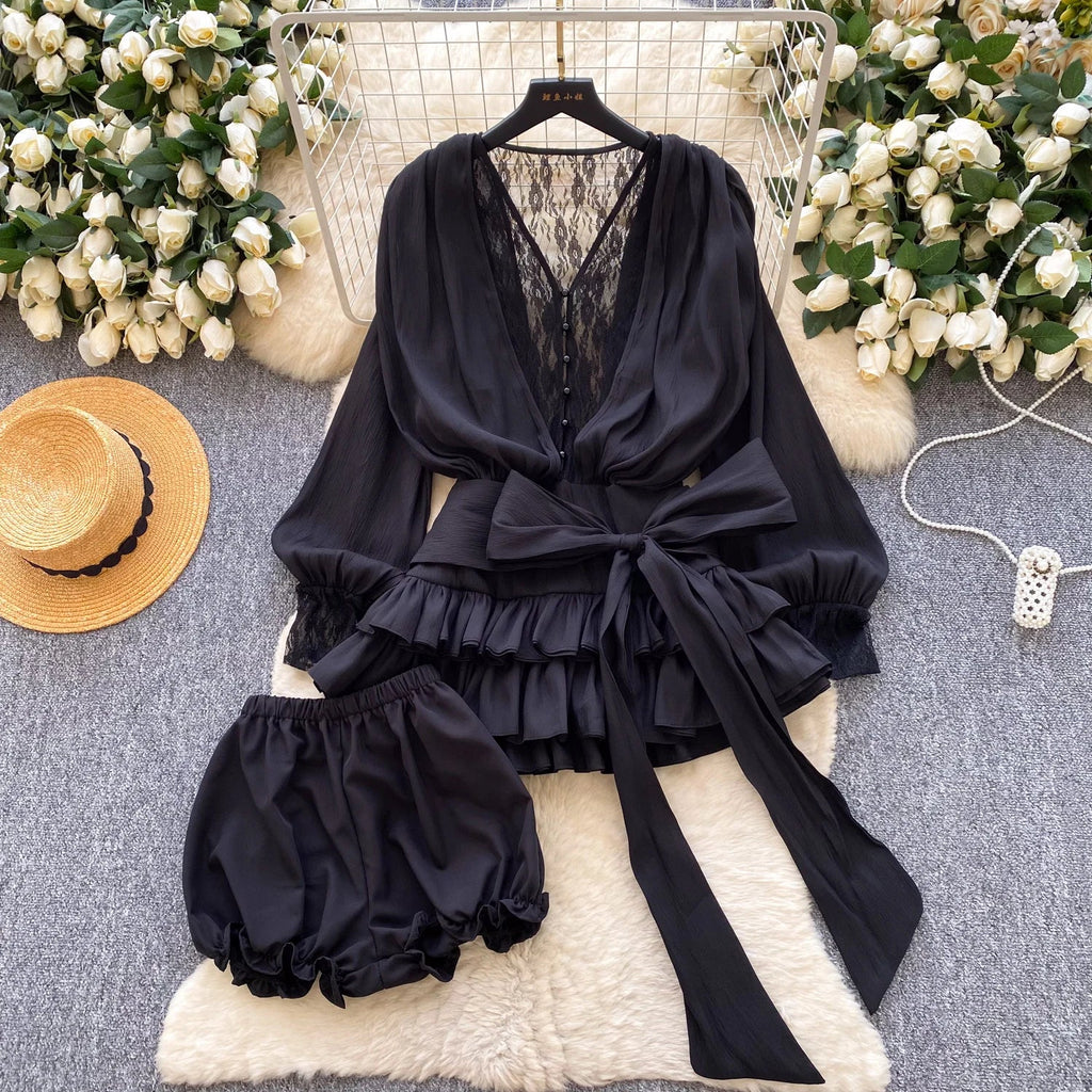 Fairycore Lace Chiffon Dresses With Stretch Shorts Pearl Button Bow Female Ruffles Sheer Seaside Holiday Mini Dress