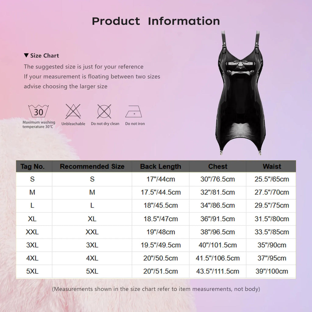 Womens Shiny Metallic PVC Leather V-Neck Mini Dress Chemise Wet Look Night Club Bodycon Babydoll Clubwear with Garter Belt