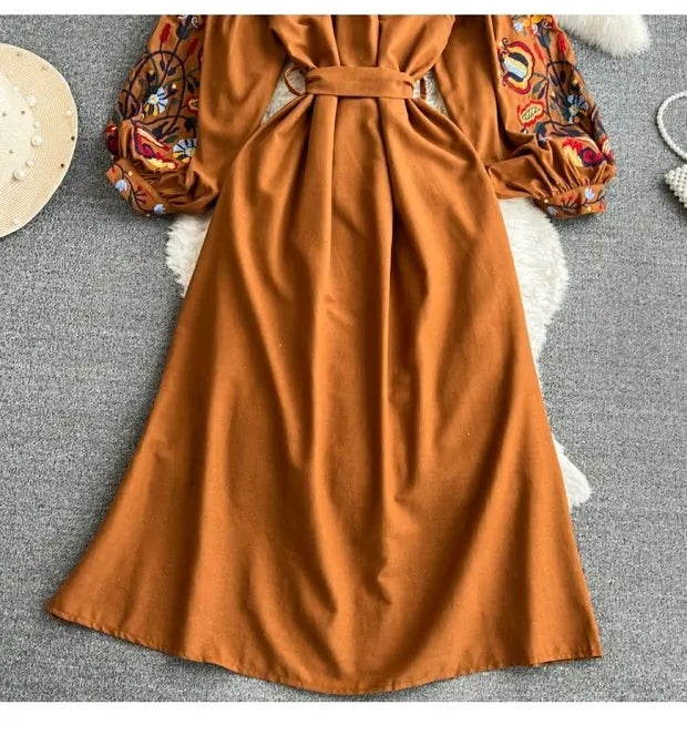 Retro Ethnic Sle Long Sve Embroidered round Ne A-Line Cotton Linen Dr Slimming Waist Cinched Ele Long Dr