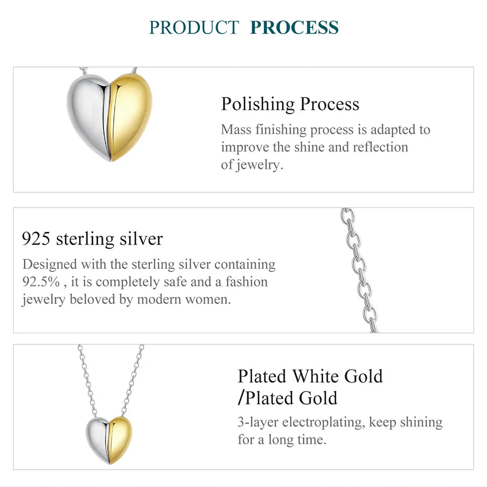 Gold Plated Heart Pendant Necklace for Women, 925 Sterling Silver Couple Heart Fashion Waterproof Metal Daily Jewelry