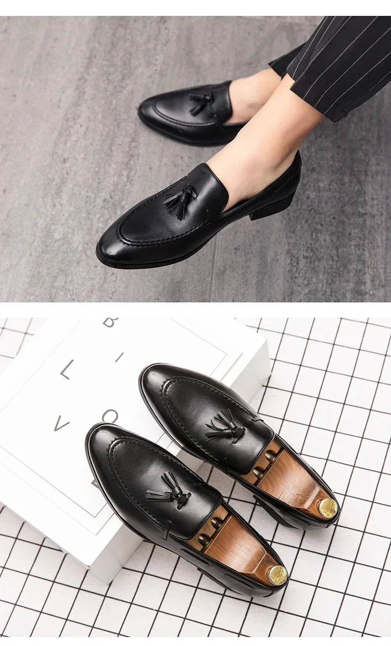 2025 New Men Leather Shoes Pointed Toe Formal Dress Shoes Slip On Men Loafer Tassel Shoe Zapatos Hombre