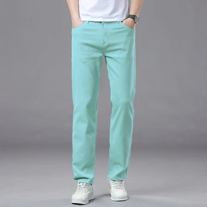 2025 Autumn Men's Elastic Colorful Jeans Breathable Casual  Straight Fitted Solid Color Denim Pants Korean Fashion Trousers