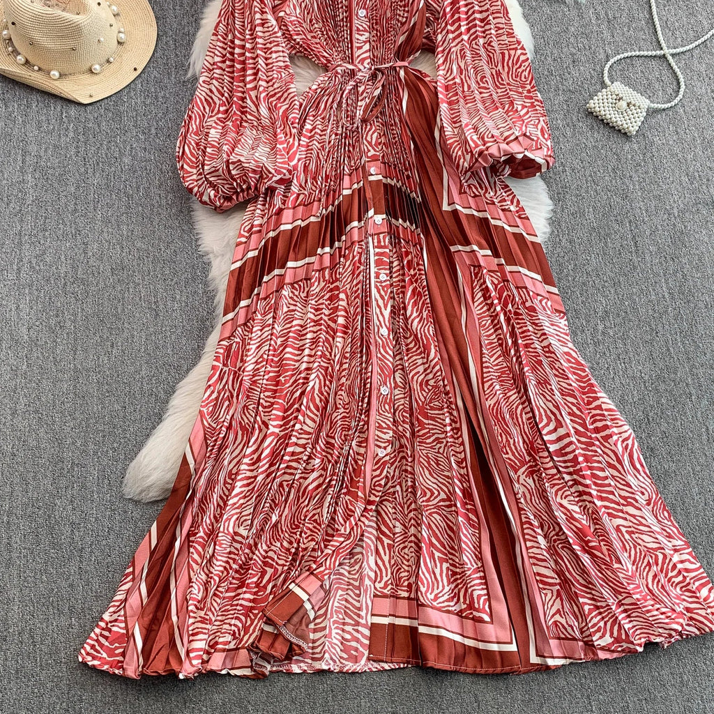 Printed round Ne Lantern Sve Dr Women's Single Button Waist Cinch Maxi Skirt Long Dr Commute Sle Autumn