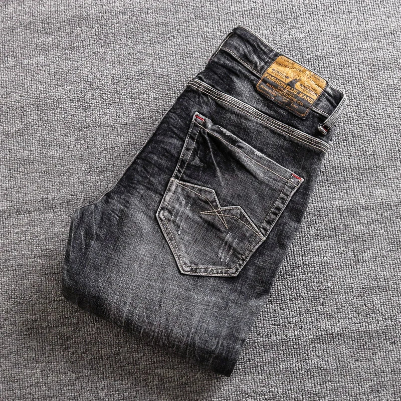 Men Jeans Retro Black Gray Elastic Slim Fit Ripped Jeans