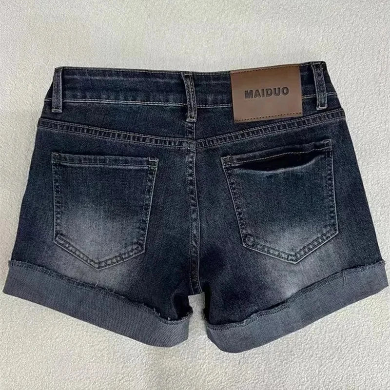 Retro Roll Up Hem Deep Blue Denim Shorts Women Summer Sexy Low Rise Hip Covering Hot Pants American Distressed Washed Jean Short