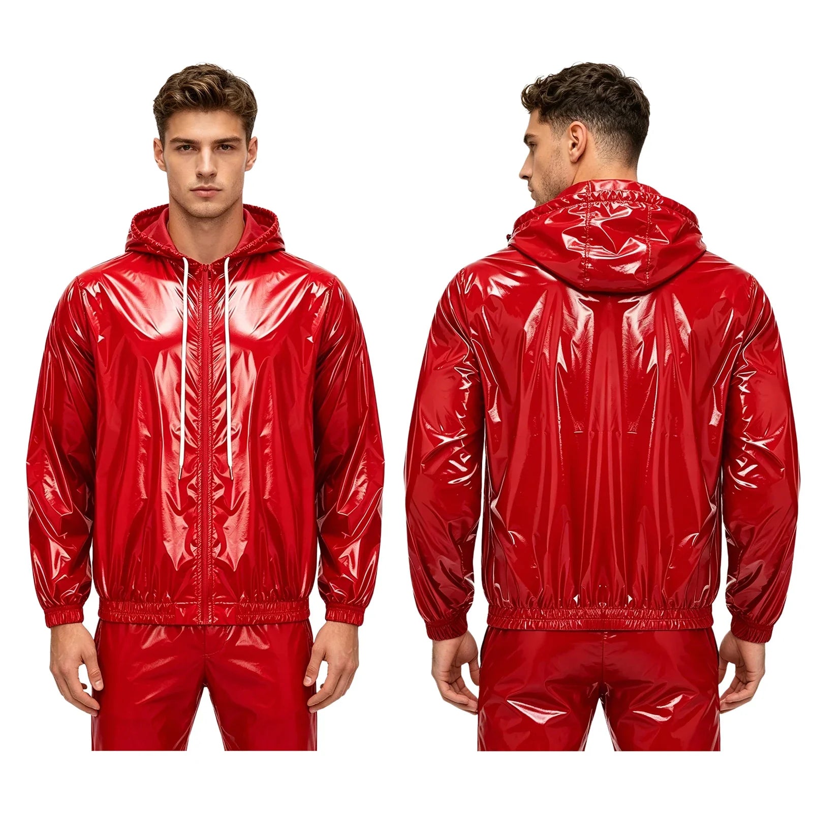 Mens Waterproof Hooded Raincoat Long Sleeve Front Zipper Rain Jacket Windbreaker with Drawstring Hood for Hiking Fishing Biking