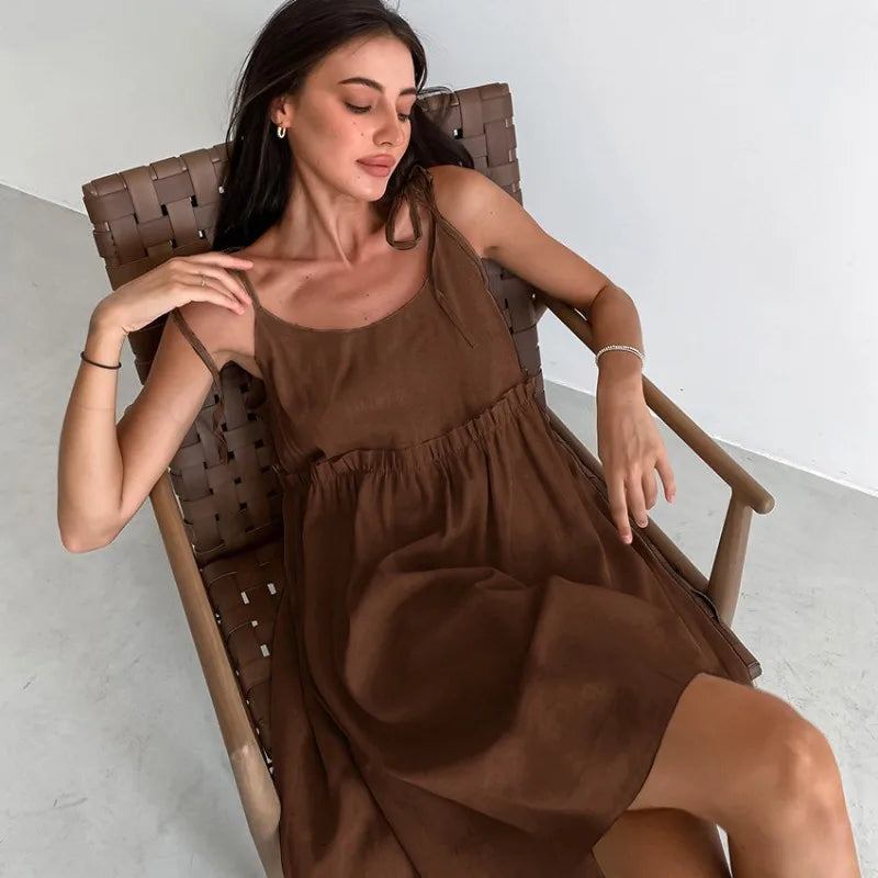 Women's Cotton Linen Spaghetti Strap Mini Dress Summer Loose A-Line Beach Vacation Dress Female Fashion Streetwear Dress