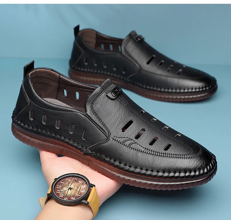Solid Color Business Casual Shoes for Men Breathable Hallow Leather Sandals Male New Designer Fashion Summer Shoes Man