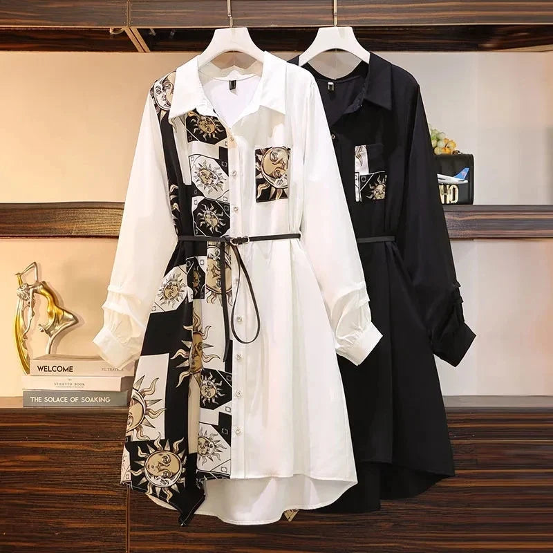 Vintage Print A-Line With Belt Loose Polo Neck Women's Dress Elegant Single-Breasted Knee Length Dresses For Women 2024 Spring