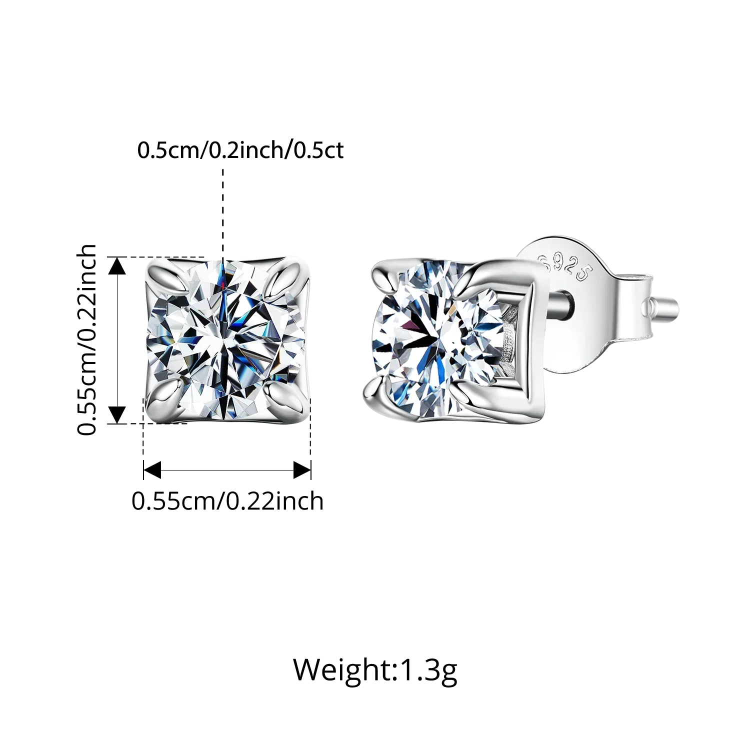 Original Square Moissanite Stud Earrings, S925 Silver 4 Prongs D Color Round Cut Lab Sparkling Wedding Fine Jewelry