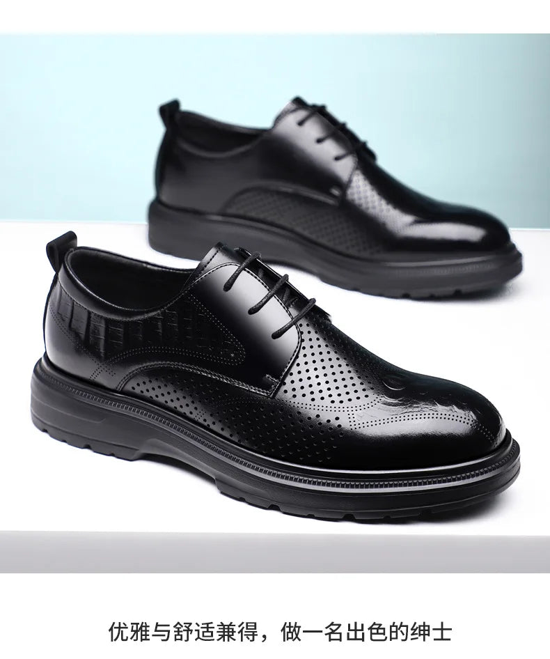 2026 Summer New Men's Cow Leather Oxford Shoes Hollow Out Formal Business Dress Shoes Male Non-slip Fashion Platform Shoe Man