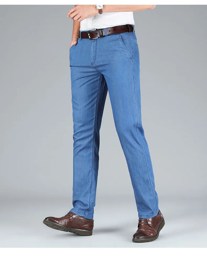 2026 Thin Stretch Denim Business Casual High Waist  High Lyocell  Men's Fit Straight Lightweight Cotton  Light Grey Jeans