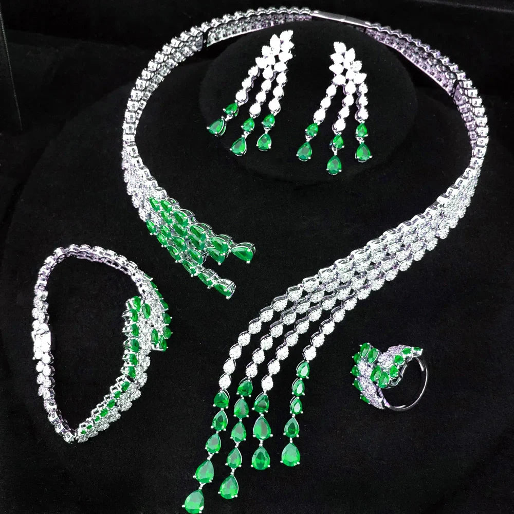 Trendy 4PCS Luxury Turquoise Statement Jewelry Sets For Women Wedding Cubic Zircon Indian African Dubai Bridal Necklace