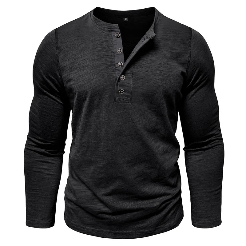 New Autumn Long Sleeve T-Shirt Mens Casual Solid Color Top Henley Neck Slim Versatile Work T-shirt Breathable Outdoor Thin Tee