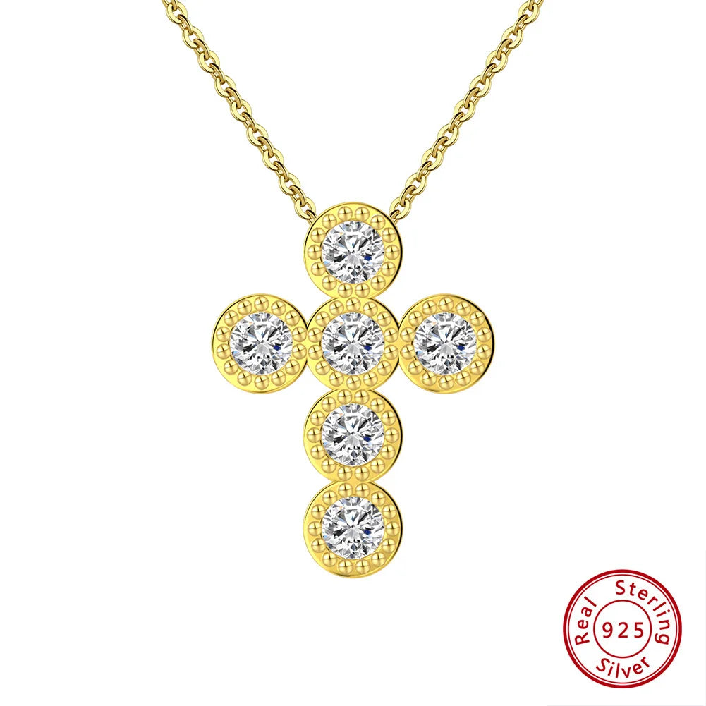 925 Sterling Silver Round CZ Cross Necklace for Women Dainty Simple Brilliant Prayer Religious Pendant Jewelry SN343