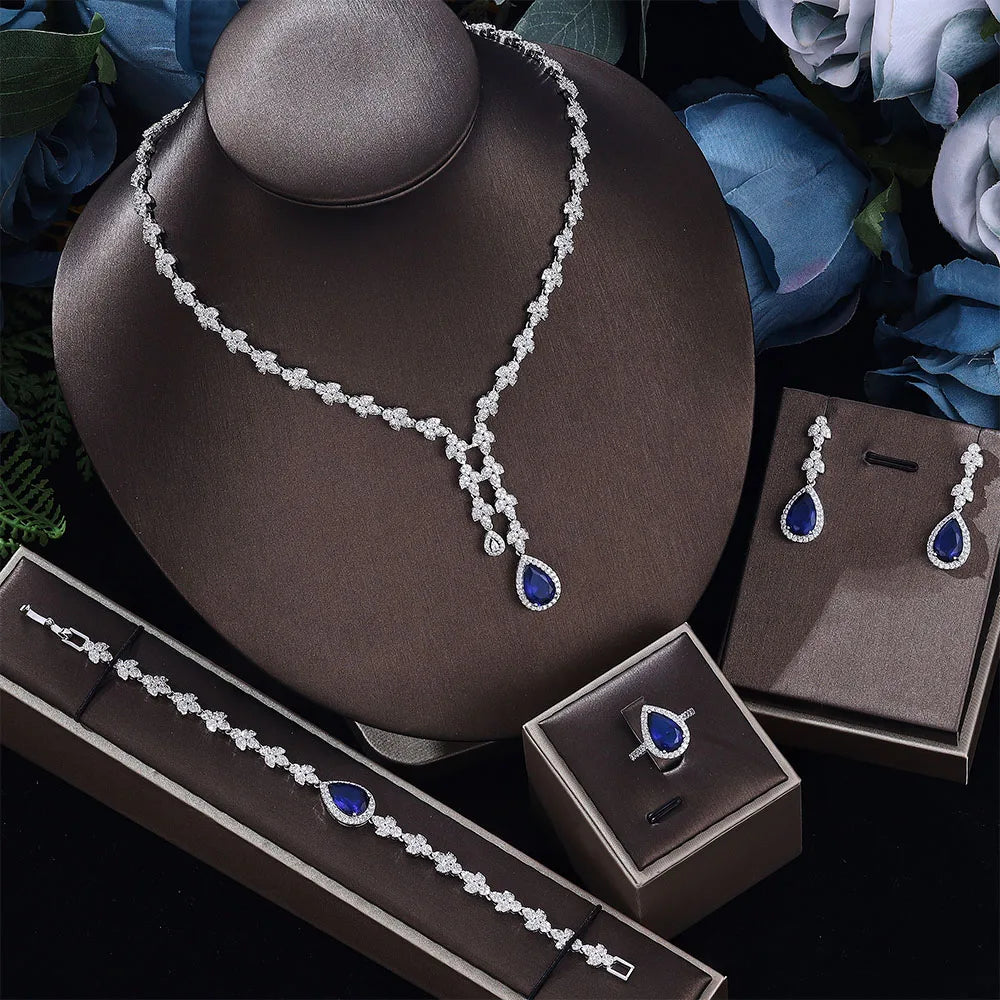4pcs Bridal Zirconia Jewelry Sets For Women Party, Luxury Dubai Nigeria platinum plating Crystal Wedding Jewelry Sets