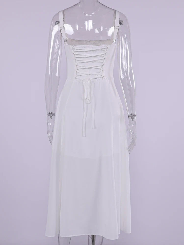 NewAsia Summer Sweet Solid Sleeveless Long Dress Women Fashion Bandage Camisole Dresses Padded Boned Robe Elegant Party Vestidos