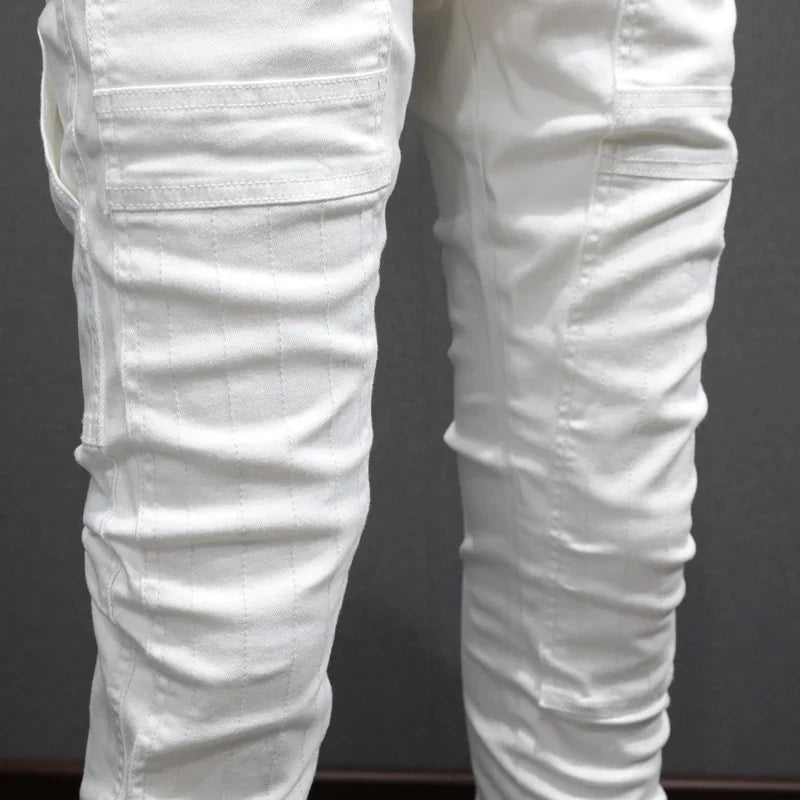 High Street Fashion Men Jeans White Elastic Stretch Skinny Jeans