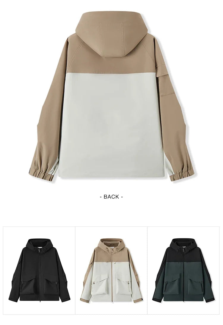 Three-proof Jacket Men Autumn Outdoor Color Block Hooded Windbreaker Large Pocket Workwear Trendy Coat