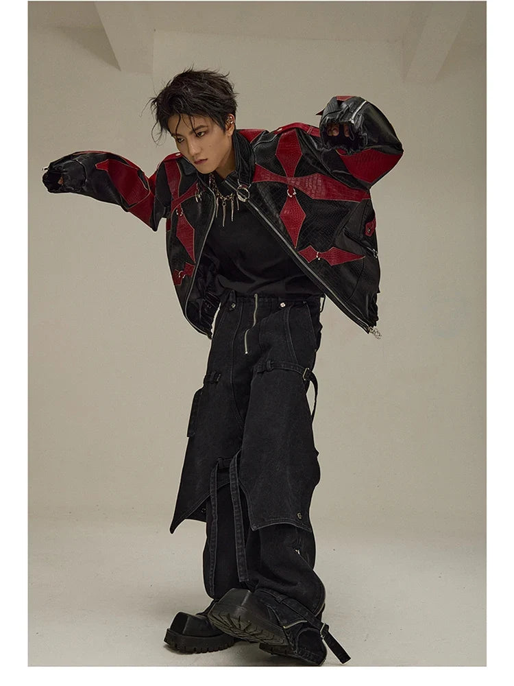 Spring Autumn Cool Handsome Crocodile Print Patchwork Pu Leather Jacket Men Color Block Luxury Designer Clothes 2024