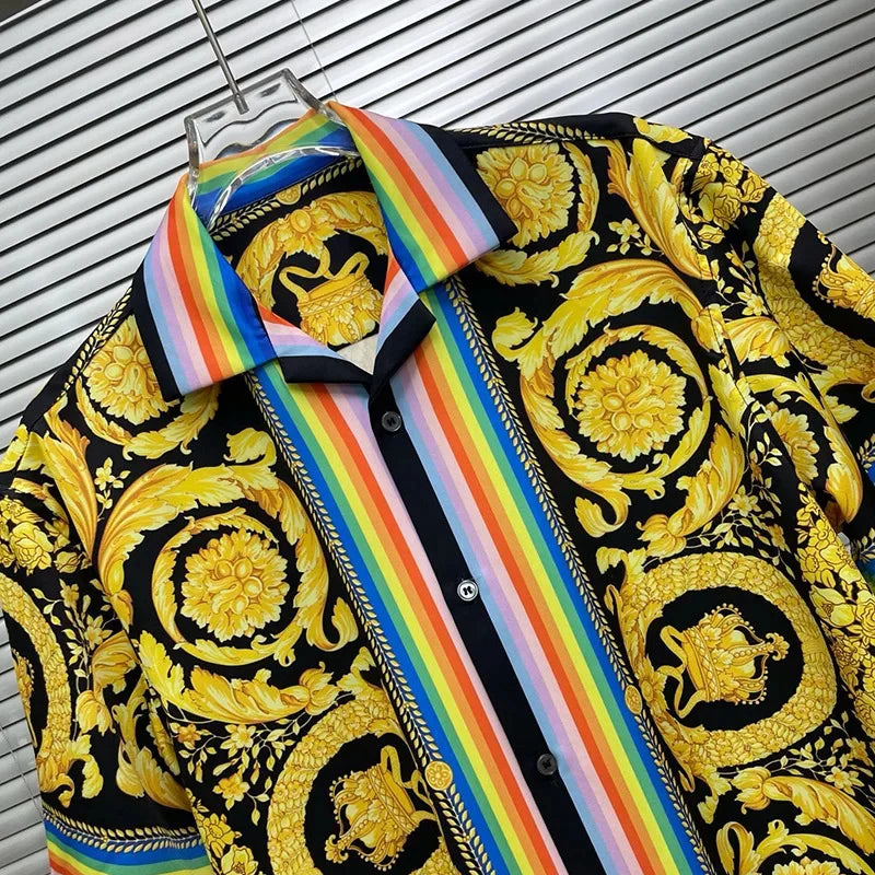 Luxury Royal Short sleeved Shirt for Men's Summer Casual Social Paisley Striped Side Flower Printed Shirt