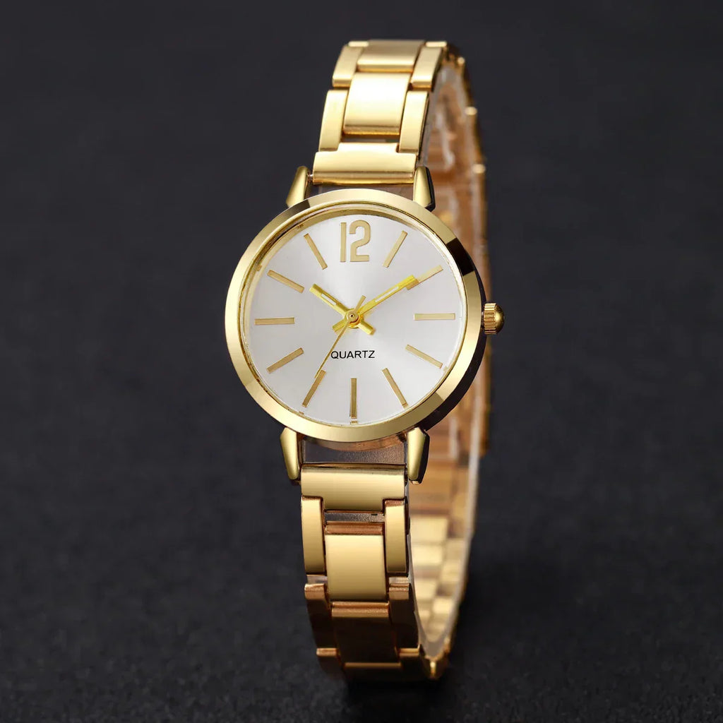 6PCS/Set Simple Scale Dial Women's Watch Fashion Gold Steel Band Quartz Watches Jewelry Set（Without Box）