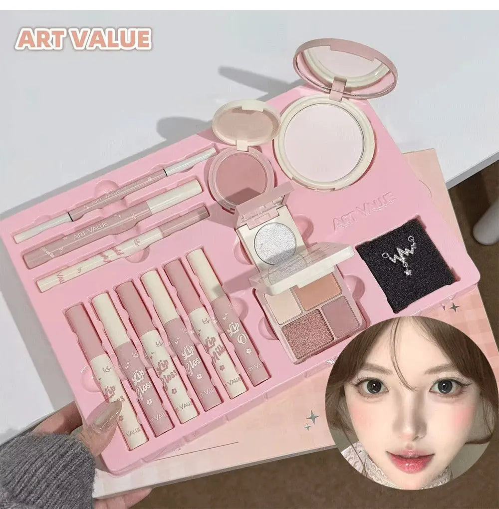 Makeup Set Include 4Lip Glaze,1Lip Oil,1Lip Cream,1Eyeliner,1Mascara,1Eyebrow Pen,1Blush,1Highlighter,1Eyeshadow,1Pressed Powder