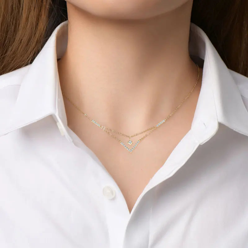 Sparkling 3mm&1.8mm Round Moissanite Necklace 925 Sterling Silver Fashion V-Shape Necklaces for Women Fine Jewelry Gift