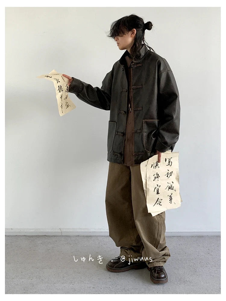 Spring Cool Oversized Vintage Distressed Pu Leather Jacket Men Elegant Luxury Designer Chinese Style Clothes 2024