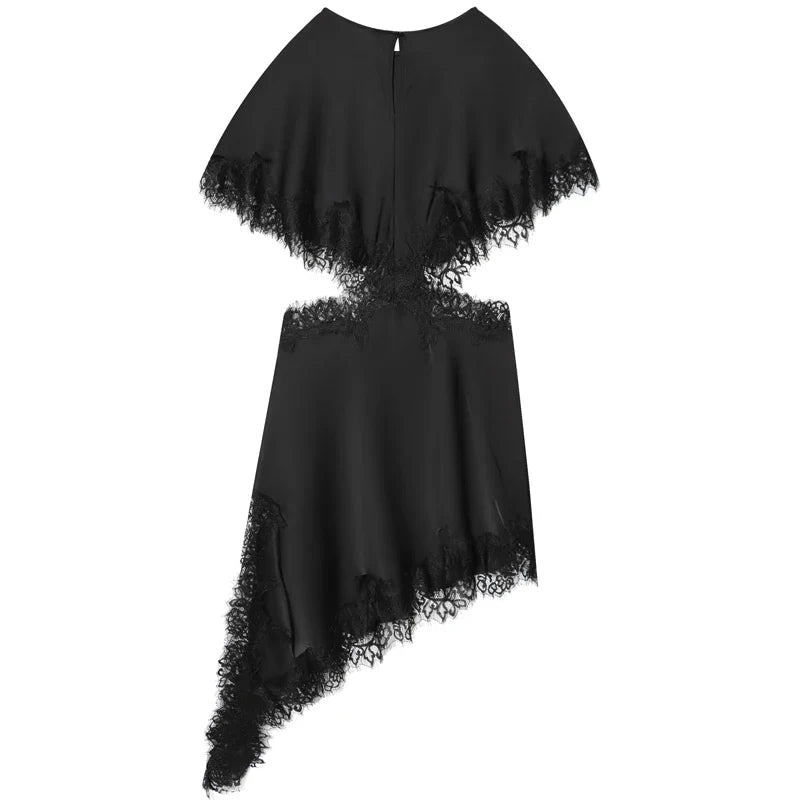 Cut Out Black Dress Woman Asymmetrical Lace Midi Dress Cape Sleeve Elegant Party Dresses Women Sexy Luxury Cocktail Dress