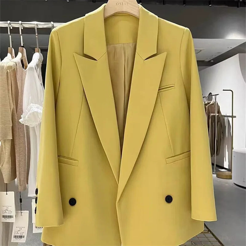 Yellow Casual Women's Small Suit Jacket Trendy  Design Spring Autumn New Korean Style Long Sleeve Fashion Top