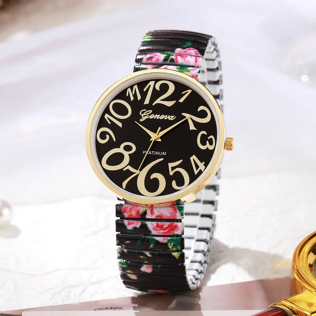 1/2/3/4PCS Fashion Flowers Printed Women Watch Luxury Elastic Strap Arabic Quartz Watches Reloj Mujer Girls Clock（Without Box）