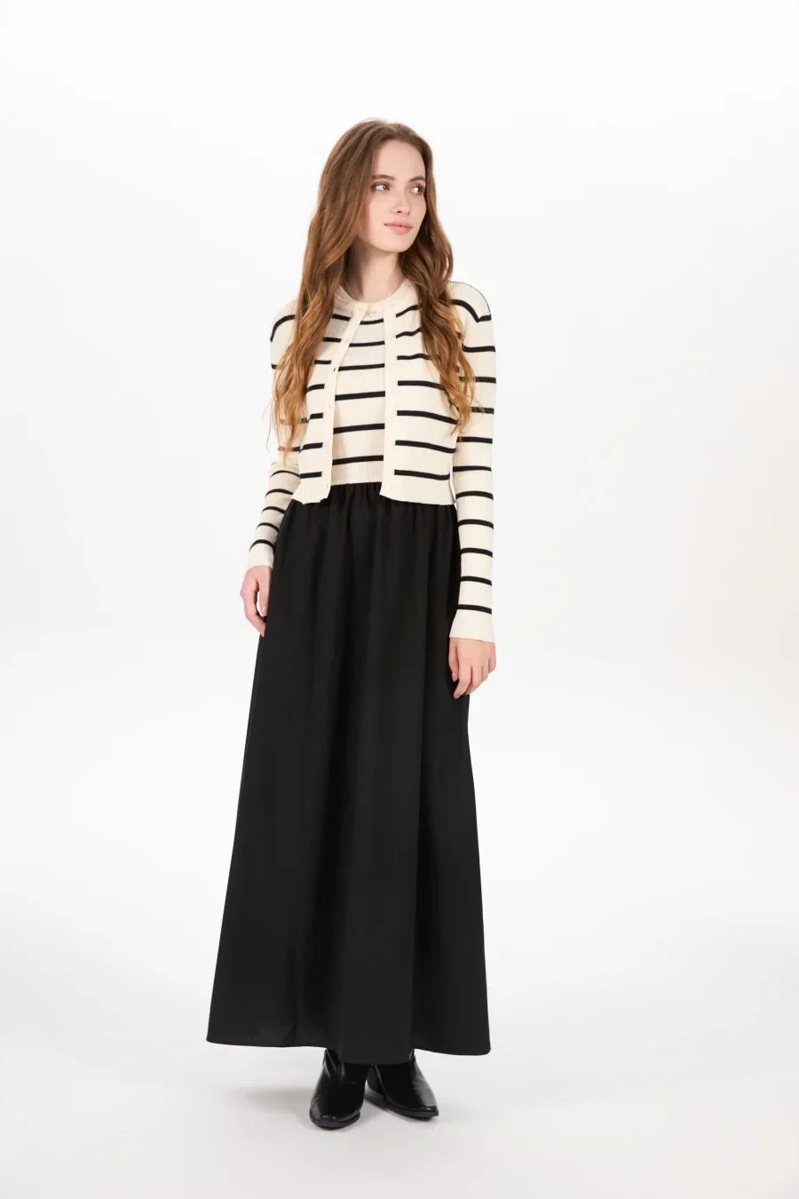 AW25 stripe knitting cardigan + sleeveless patch dress maxi matching set for woman clothing