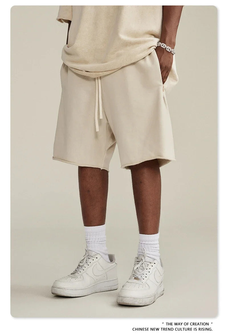 New Summer Men Retro Washed Shorts Unisex Drawstring Loose Edge 420gsm Solid Knee Length Cotton Pants Streetwears HY0589