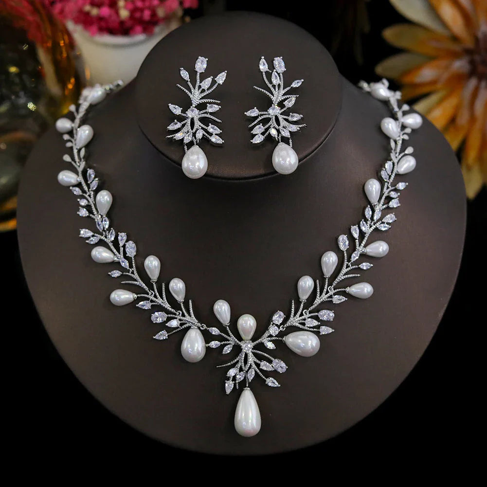 Luxury White Cubic Zirconia Big  Pearl Necklace and Earrings Wedding Bridal Party Jewelry Sets for Women Envio Gratis Todo X0470