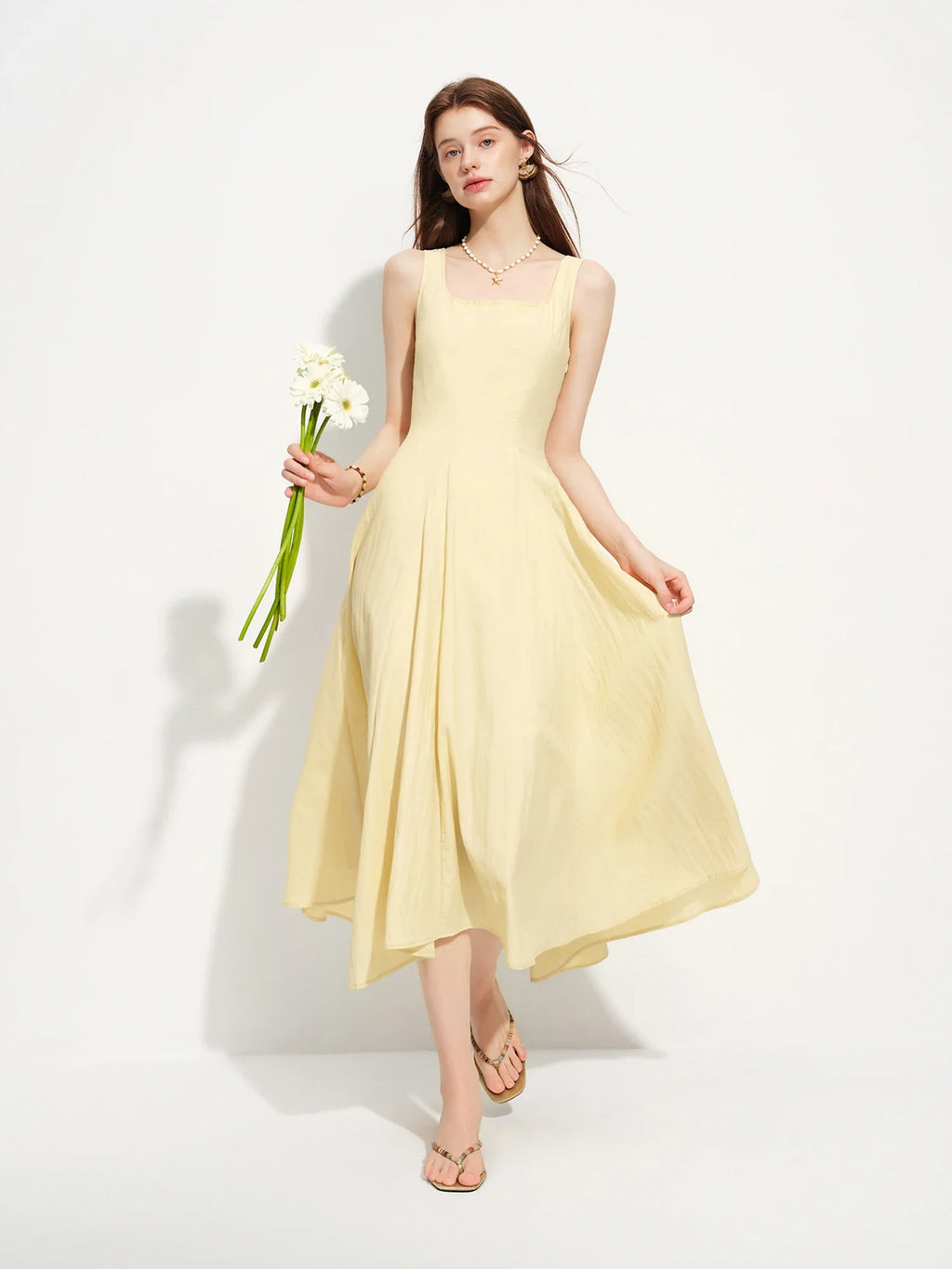 2026 Summer Women's Square Neck A-Line Midi Dress, Sleeveless Waist-Cinching Flowy Maxi for Minimalist Quiet Luxury Style