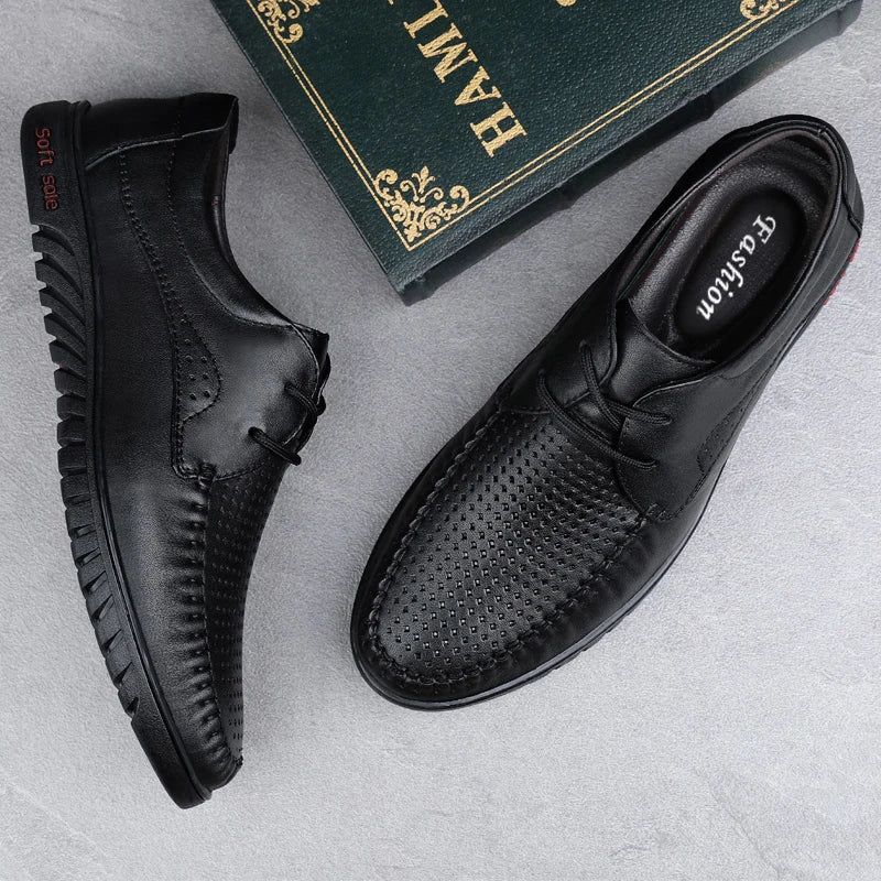 Italian Brand Men's Genuine Leather Casual Shoes Handmade Soles Loafers Lace Up Breathable That's Oxford Shoes for Summer