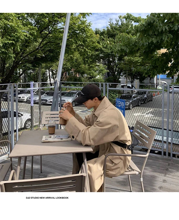 Spring Autumn Long Oversized Black Khaki Trench Coat Men Raglan Sleeve Single Breasted Loose Casual Korean Fashion
