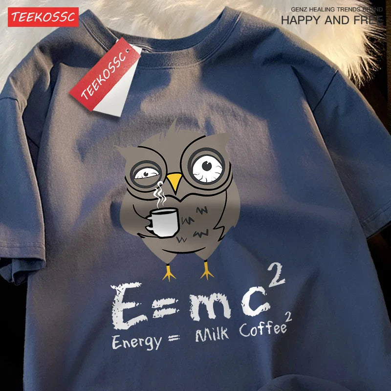 تي شيرت رجالي مطبوع عليه شعار "Energy Milk Coffee Fun Formula" من القطن بياقة مستديرة وتصميم فضفاض كبير الحجم مناسب للشارع ومناسب للزوجين