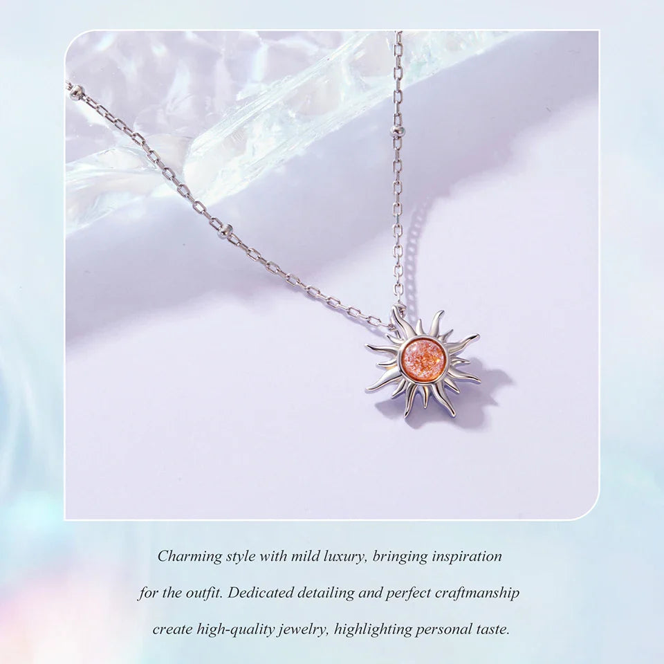 925 Sterling Silver Golden Sun Necklace Natural Sunstone Gem Pendant Necklace Beads Link Chain Women Mother Lucky Gift
