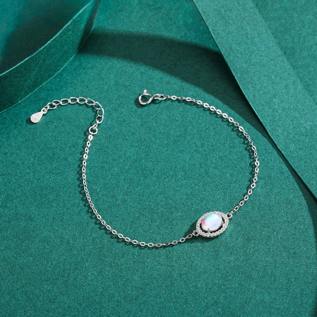 Genuine 925 Sterling Silver Luxury Elegant Oval Natural Moonstone Chain Bracelet For Women Romantic Simple Fine Jewelry