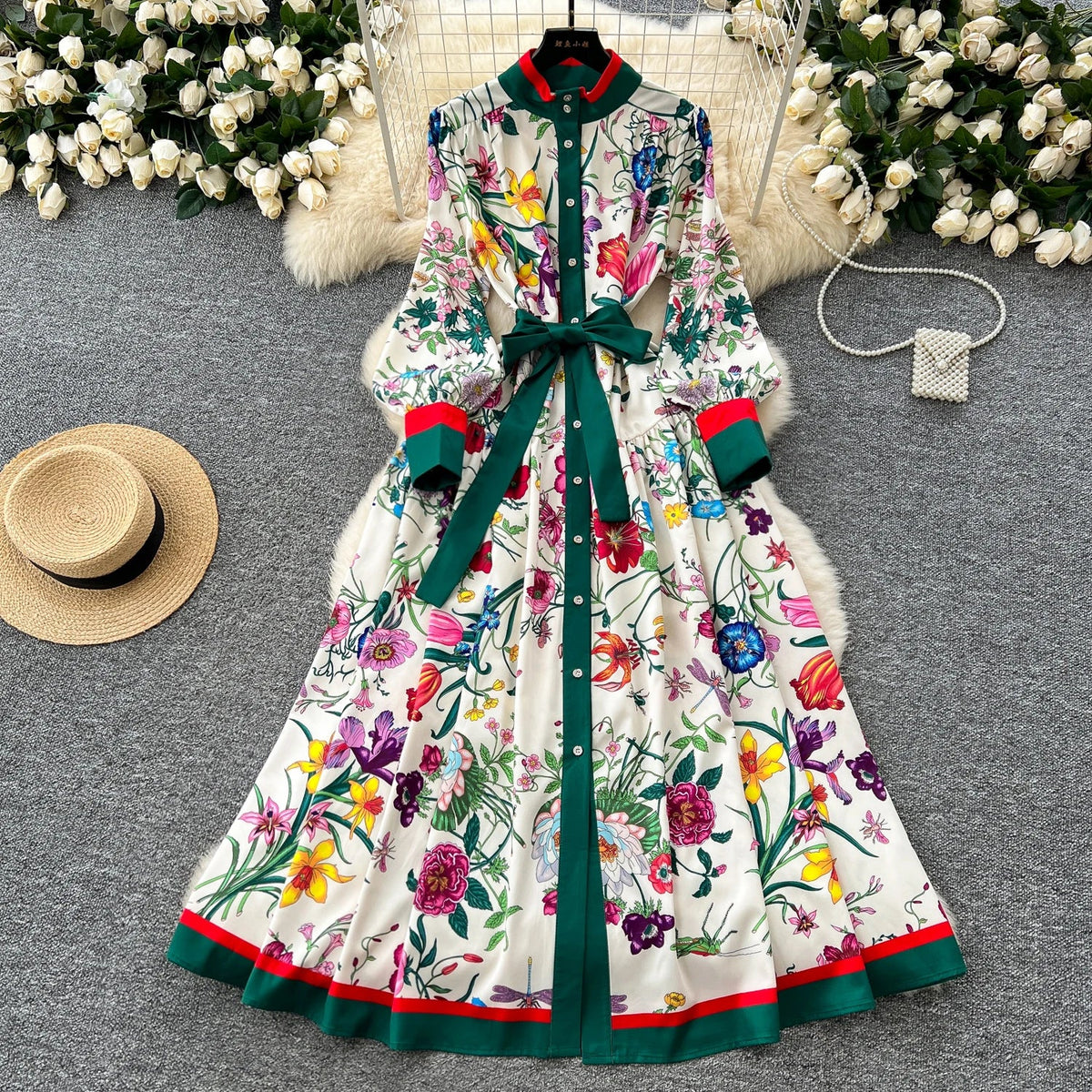 Retro Faion Print Stand Collar Single Button Women's Dr Waist Cinched Floor Length Skirt Korean Sle High Waist Long Sl...